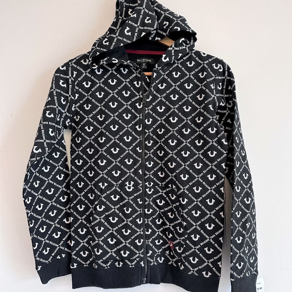 True Religion New Black & White Logo-Print Full Zip-Up Hoodie Youth MEDIUM - Picture 1 of 9